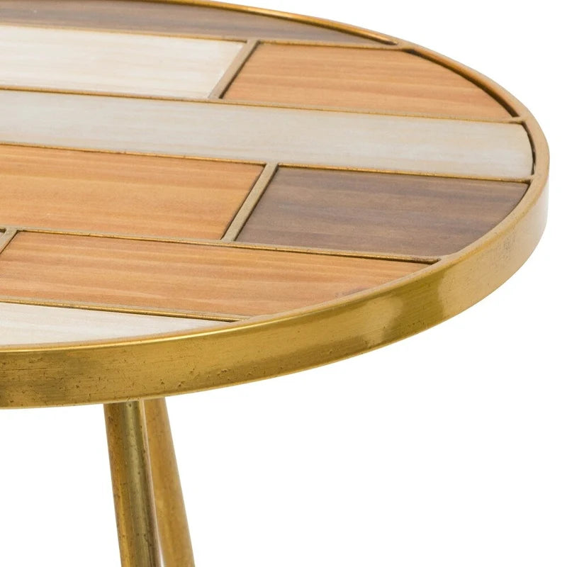 Table d'appoint ronde dorée, plateau bois et métal, 55,88 cm H x 40,64 cm L x 40,64 cm P