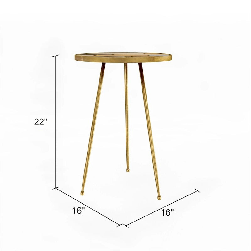 Table d'appoint ronde dorée, plateau bois et métal, 55,88 cm H x 40,64 cm L x 40,64 cm P