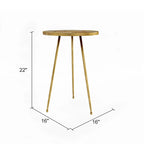 Table d'appoint ronde dorée, plateau bois et métal, 55,88 cm H x 40,64 cm L x 40,64 cm P