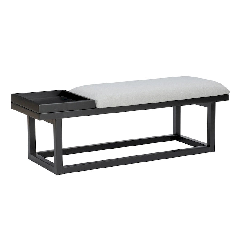 Banc Aliza en bois massif, rembourré gris, avec plateau