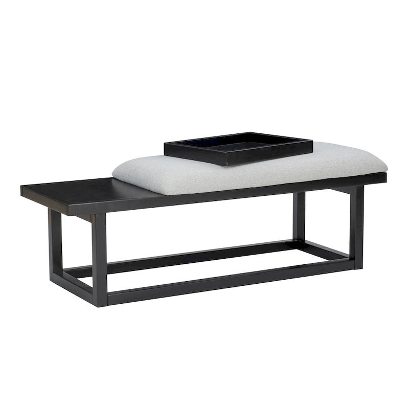 Banc Aliza en bois massif, rembourré gris, avec plateau