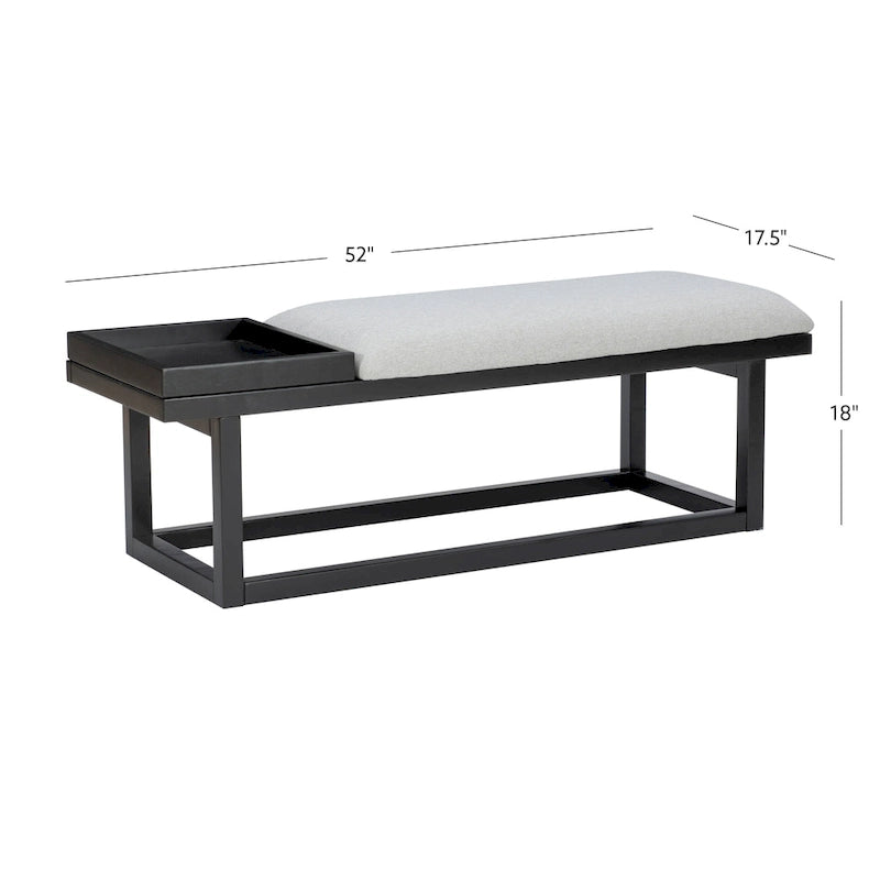 Banc Aliza en bois massif, rembourré gris, avec plateau