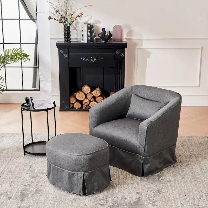 Fauteuil pivotant en velours avec ottoman, fauteuil de lecture pour salon ou chambre, confortable, avec piètement en métal noir