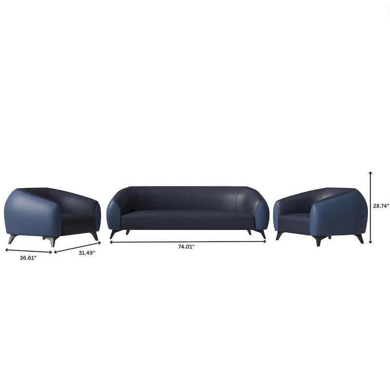 Ensemble de canapé 3 pièces, rembourrage en similicuir avec cadre en bois massif et pieds en acier, série Opula par LeisureMod