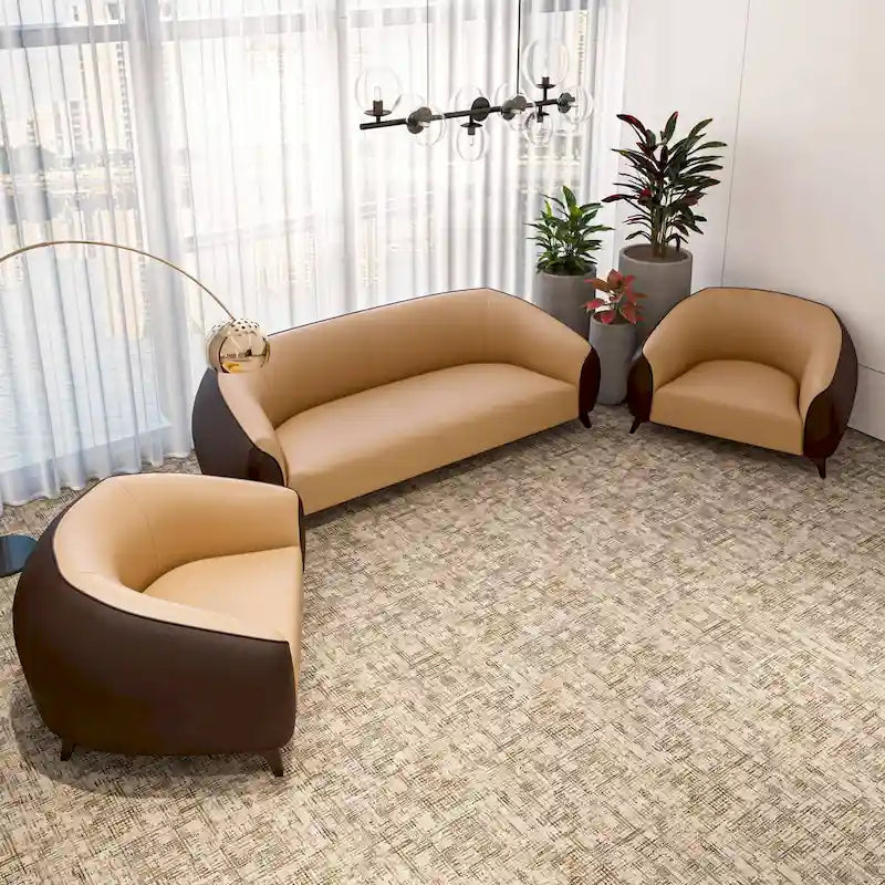 Ensemble de canapé 3 pièces, rembourrage en similicuir avec cadre en bois massif et pieds en acier, série Opula par LeisureMod