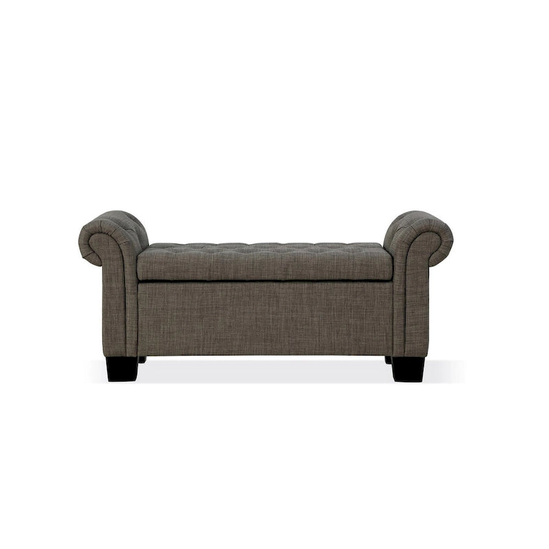 Banc de rangement de 54 pouces, lin polyester, accoudoirs roulés, capitonné, gris lisse
