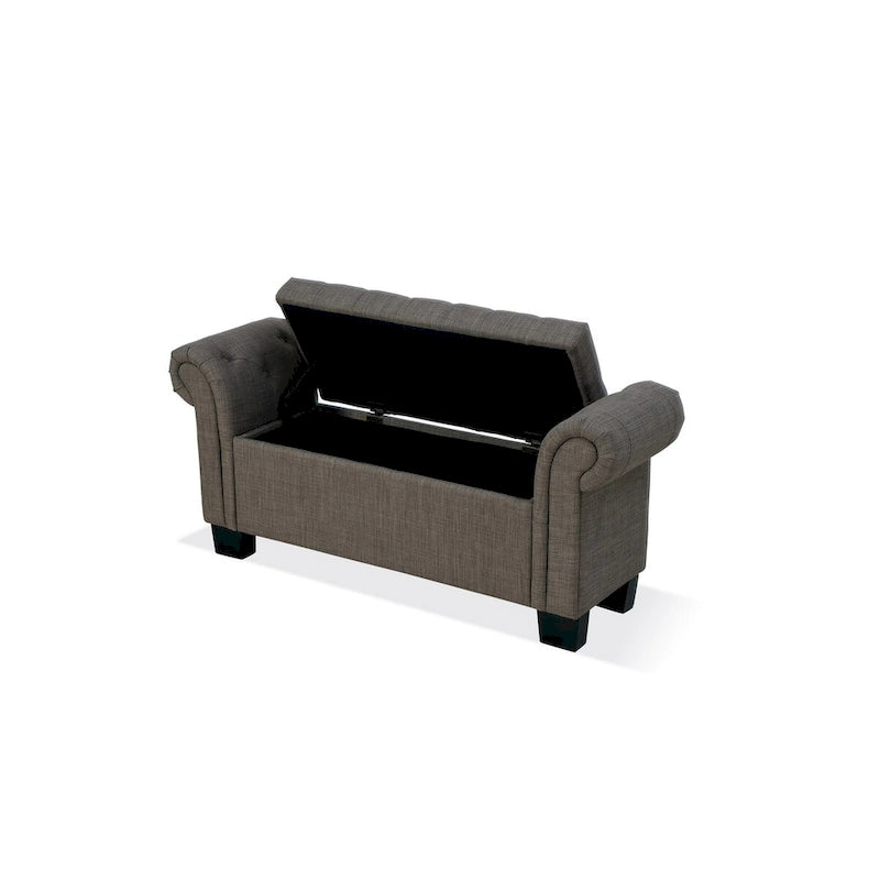 Banc de rangement de 54 pouces, lin polyester, accoudoirs roulés, capitonné, gris lisse