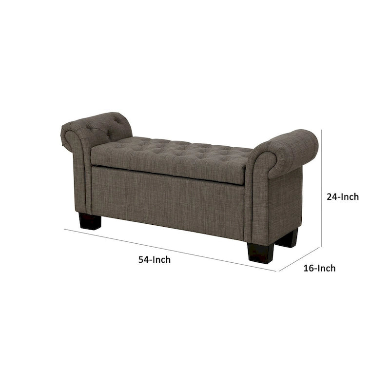 Banc de rangement de 54 pouces, lin polyester, accoudoirs roulés, capitonné, gris lisse