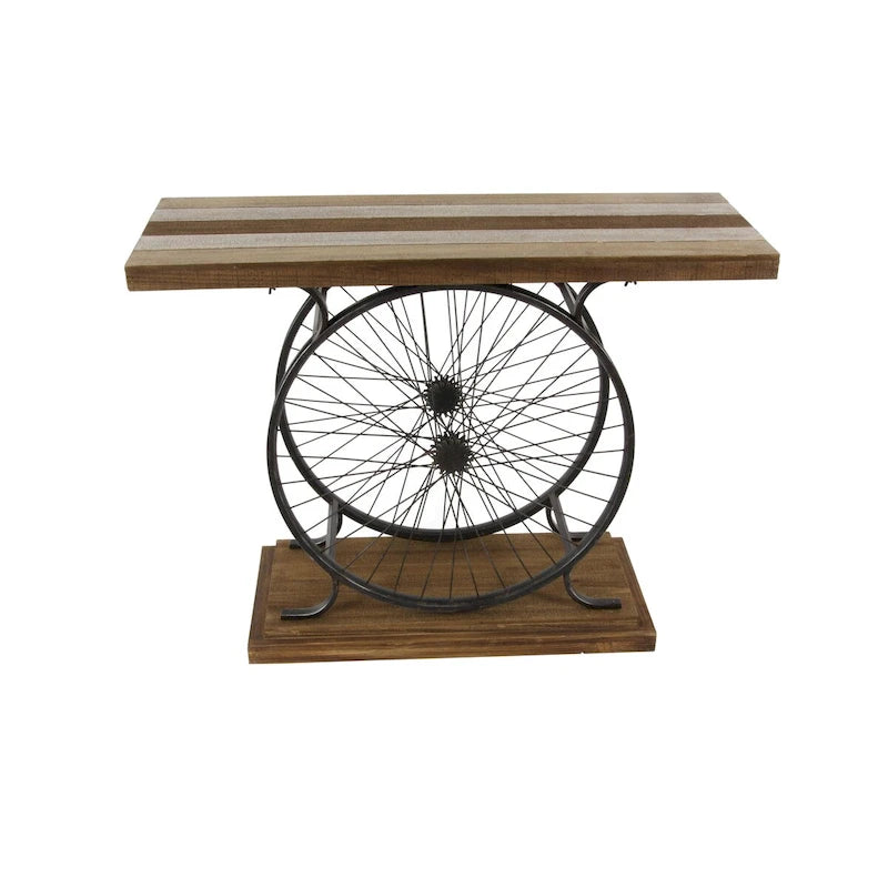 Table Console en Bois avec Plateau à Lattes Larges, Cadre à Double Roue et Base Étages - Marron ou Bleu - Décoration Roche River