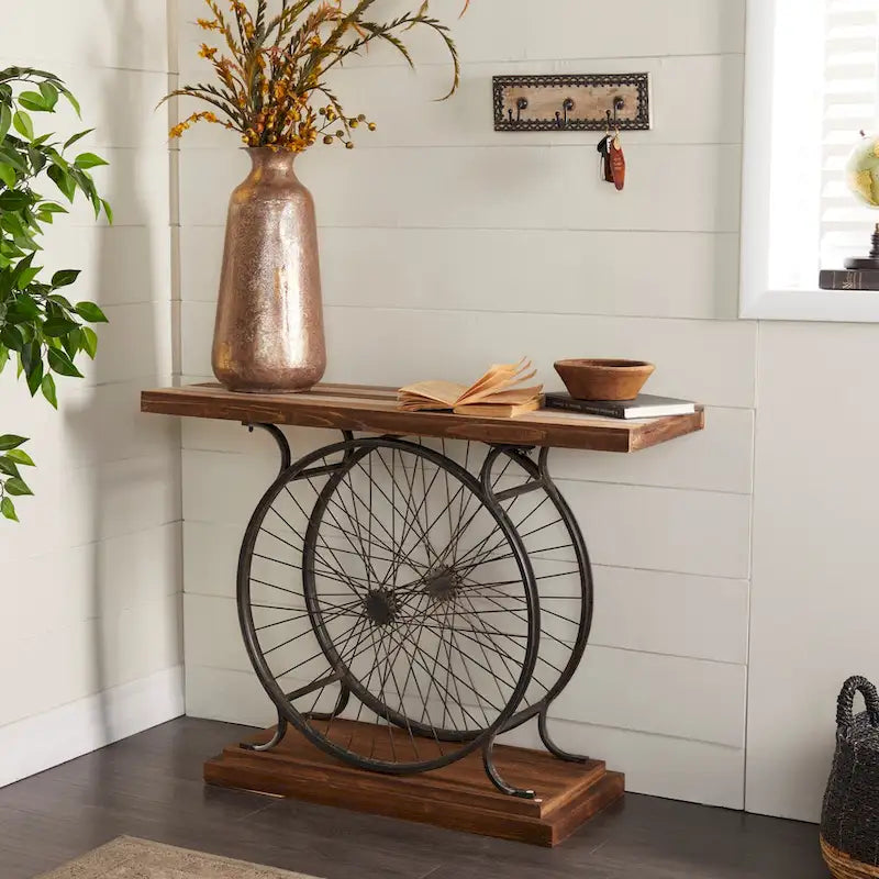 Table Console en Bois avec Plateau à Lattes Larges, Cadre à Double Roue et Base Étages - Marron ou Bleu - Décoration Roche River