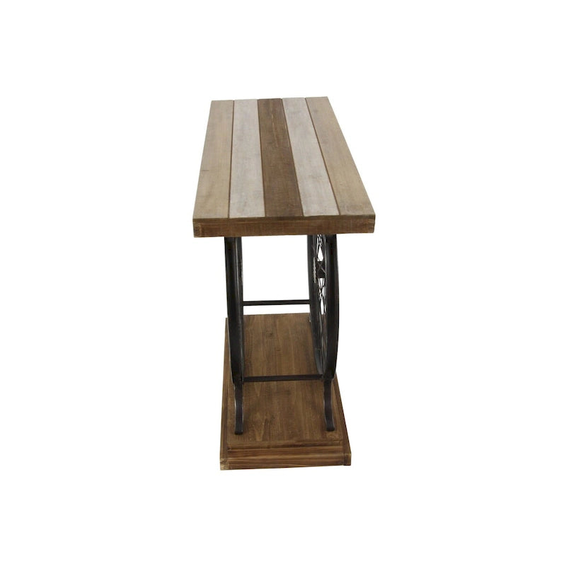 Table Console en Bois avec Plateau à Lattes Larges, Cadre à Double Roue et Base Étages - Marron ou Bleu - Décoration Roche River