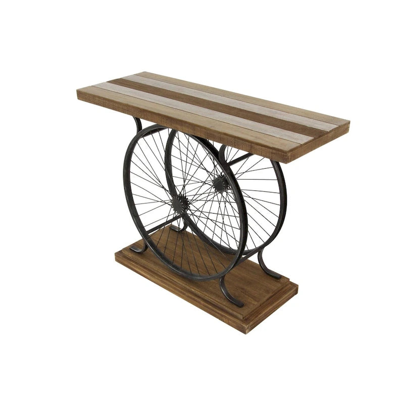 Table Console en Bois avec Plateau à Lattes Larges, Cadre à Double Roue et Base Étages - Marron ou Bleu - Décoration Roche River