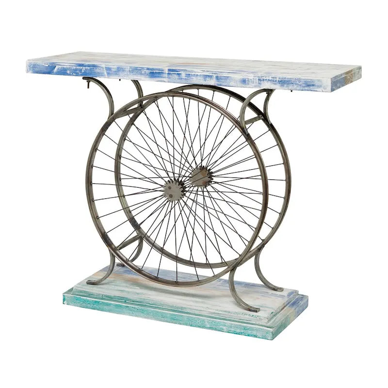 Table Console en Bois avec Plateau à Lattes Larges, Cadre à Double Roue et Base Étages - Marron ou Bleu - Décoration Roche River
