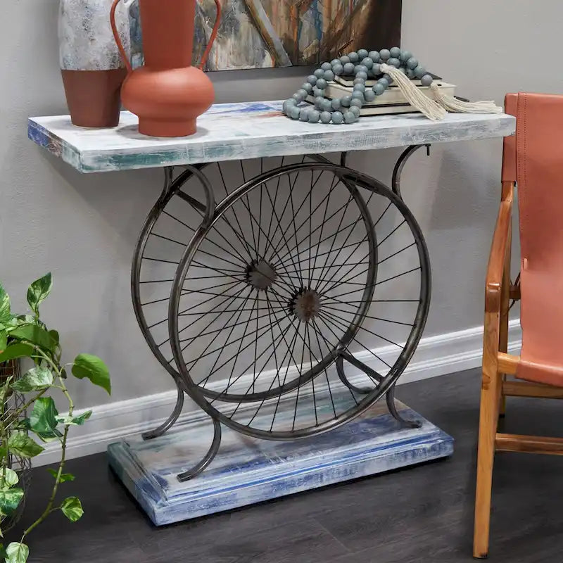 Table Console en Bois avec Plateau à Lattes Larges, Cadre à Double Roue et Base Étages - Marron ou Bleu - Décoration Roche River