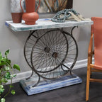 Table Console en Bois avec Plateau à Lattes Larges, Cadre à Double Roue et Base Étages - Marron ou Bleu - Décoration Roche River