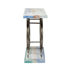 Table Console en Bois avec Plateau à Lattes Larges, Cadre à Double Roue et Base Étages - Marron ou Bleu - Décoration Roche River