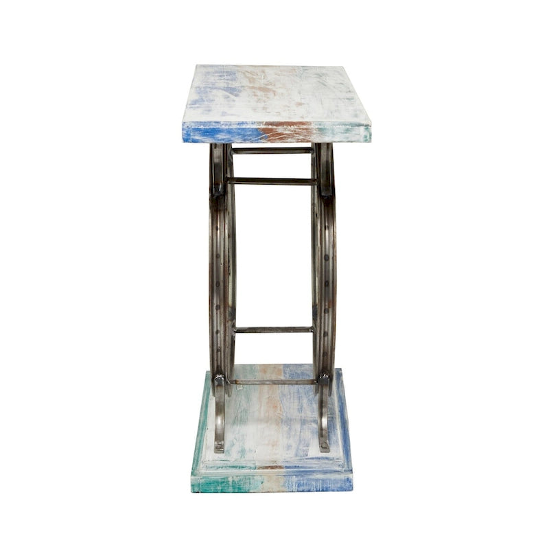 Table Console en Bois avec Plateau à Lattes Larges, Cadre à Double Roue et Base Étages - Marron ou Bleu - Décoration Roche River