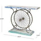Table Console en Bois avec Plateau à Lattes Larges, Cadre à Double Roue et Base Étages - Marron ou Bleu - Décoration Roche River