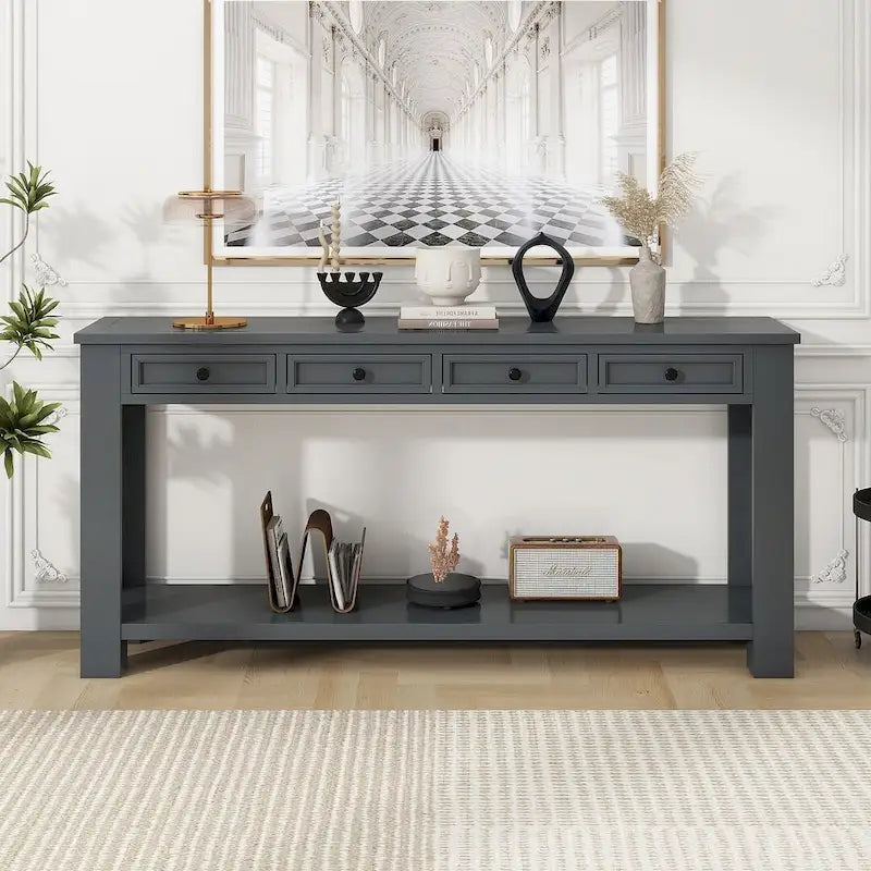 Console 4 tiroirs 1 étagère de style vintage, table d'entrée classique, table de rangement derrière un canapé