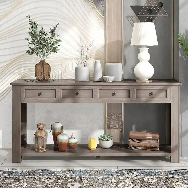 Console 4 tiroirs 1 étagère de style vintage, table d'entrée classique, table de rangement derrière un canapé