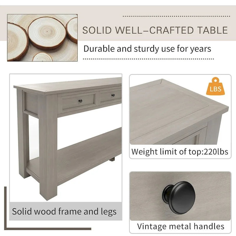 Console 4 tiroirs 1 étagère de style vintage, table d'entrée classique, table de rangement derrière un canapé