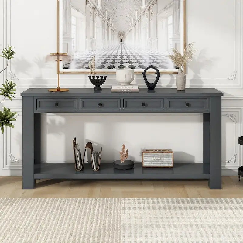Console 4 tiroirs 1 étagère de style vintage, table d'entrée classique, table de rangement derrière un canapé