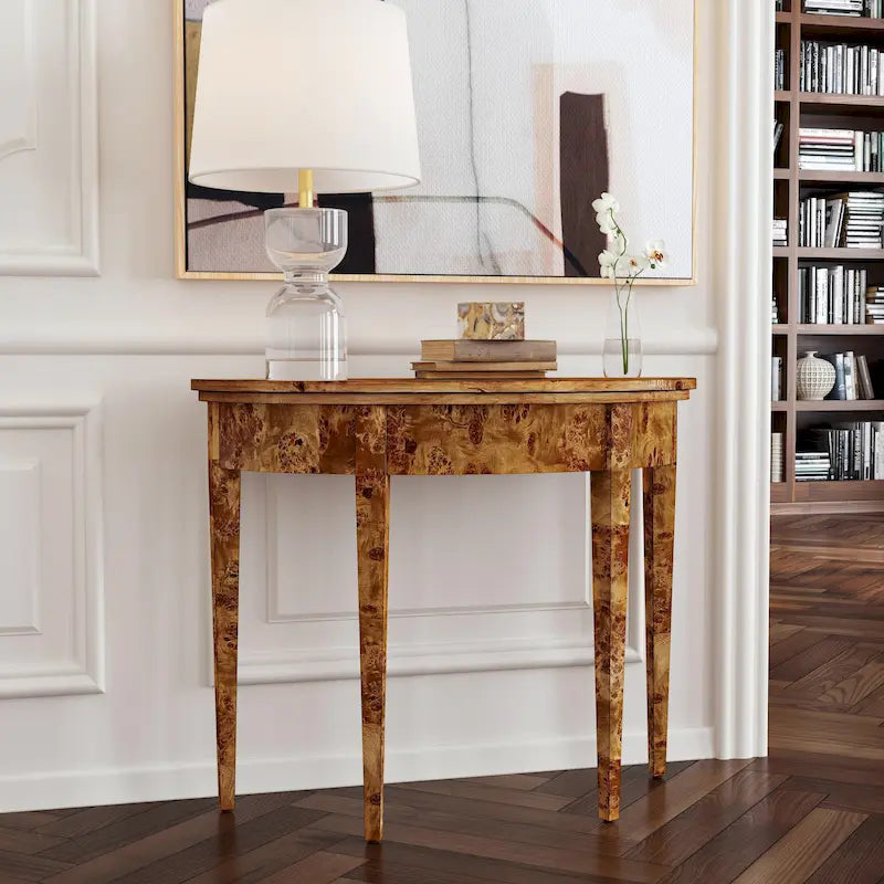 Console demi-lune 4 pieds, Burl traditionnel / Burl clair