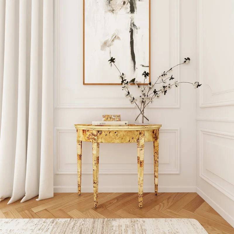 Console demi-lune 4 pieds, Burl traditionnel / Burl clair