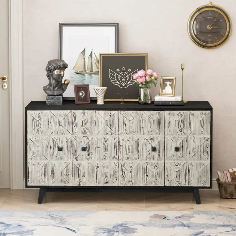 59.84 Buffet vintage 4 portes, armoire de rangement autonome, meuble d'entrée pour salon, bureau, chambre à coucher