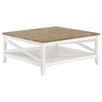 Table basse Maise de 99 cm, plateau en bois brossé aspect rustique, marron et blanc