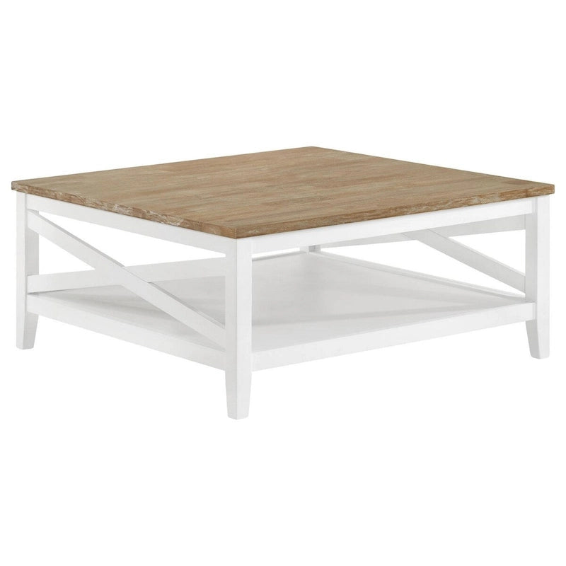 Table basse Maise de 99 cm, plateau en bois brossé aspect rustique, marron et blanc