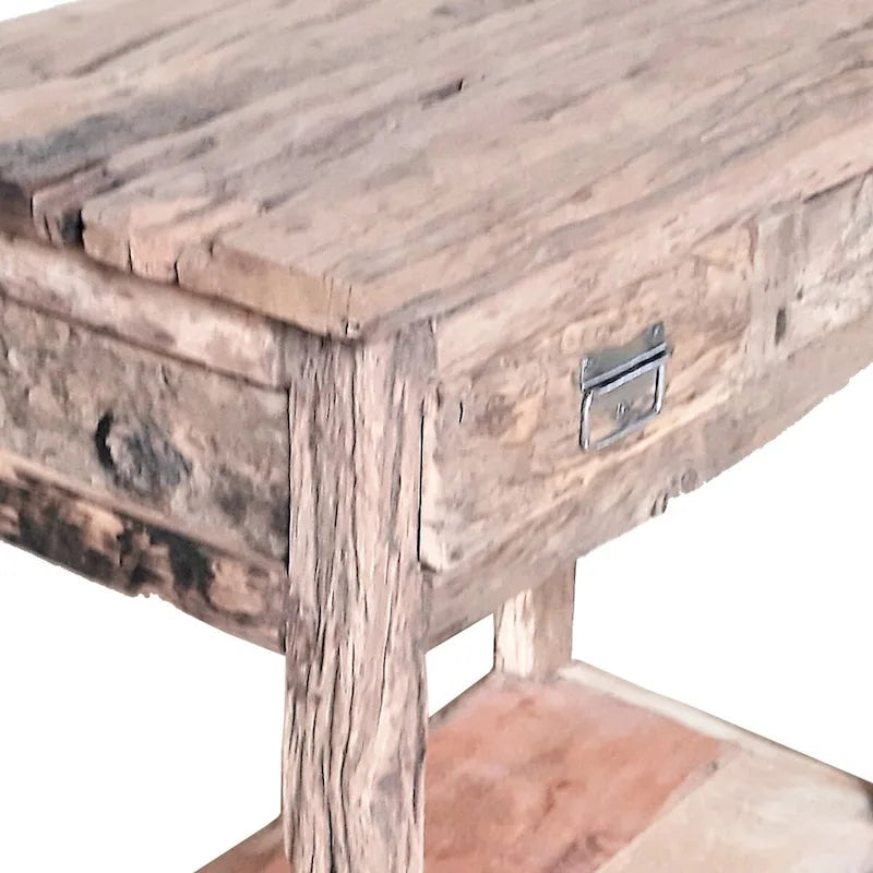 Îlot de cuisine rustique blanc, plateau en bois, 2 tiroirs