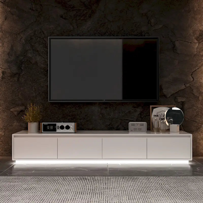 Meuble TV console lumineux blanc laqué brillant