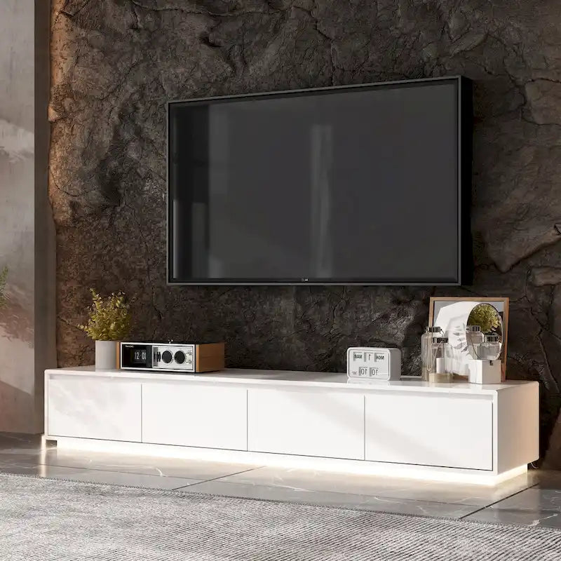 Meuble TV console lumineux blanc laqué brillant