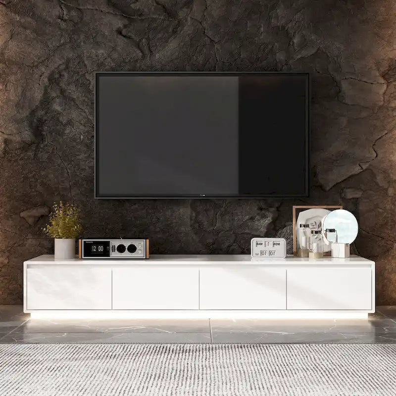 Meuble TV console lumineux blanc laqué brillant