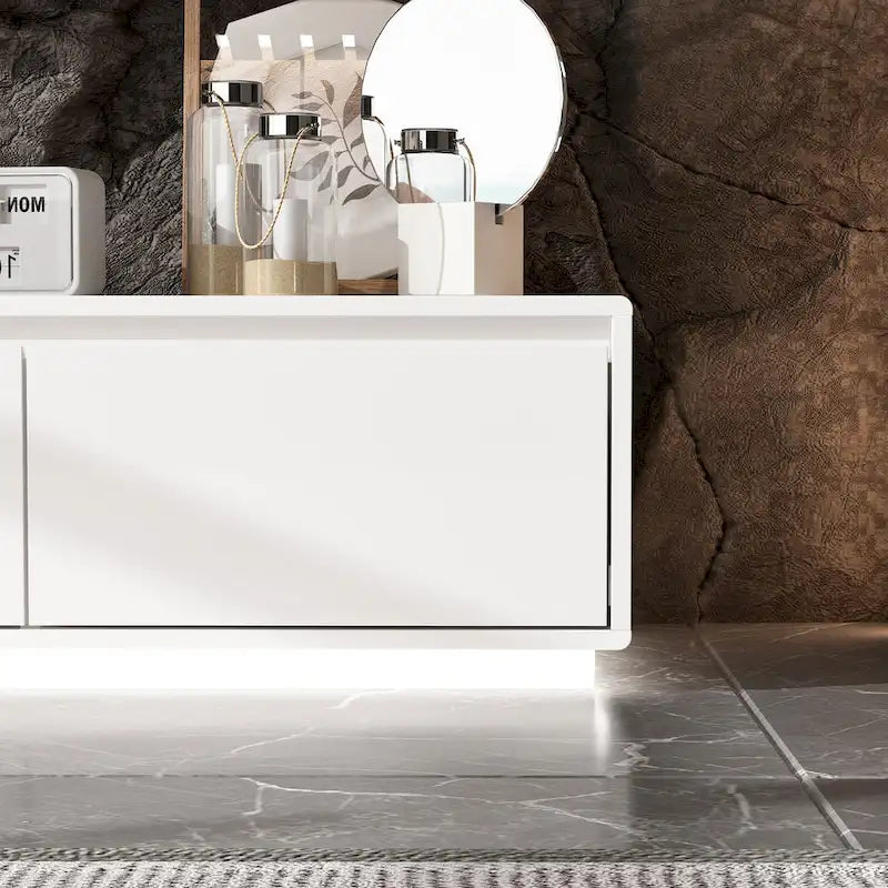 Meuble TV console lumineux blanc laqué brillant