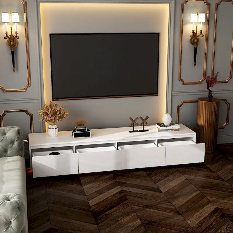 Meuble TV console lumineux blanc laqué brillant