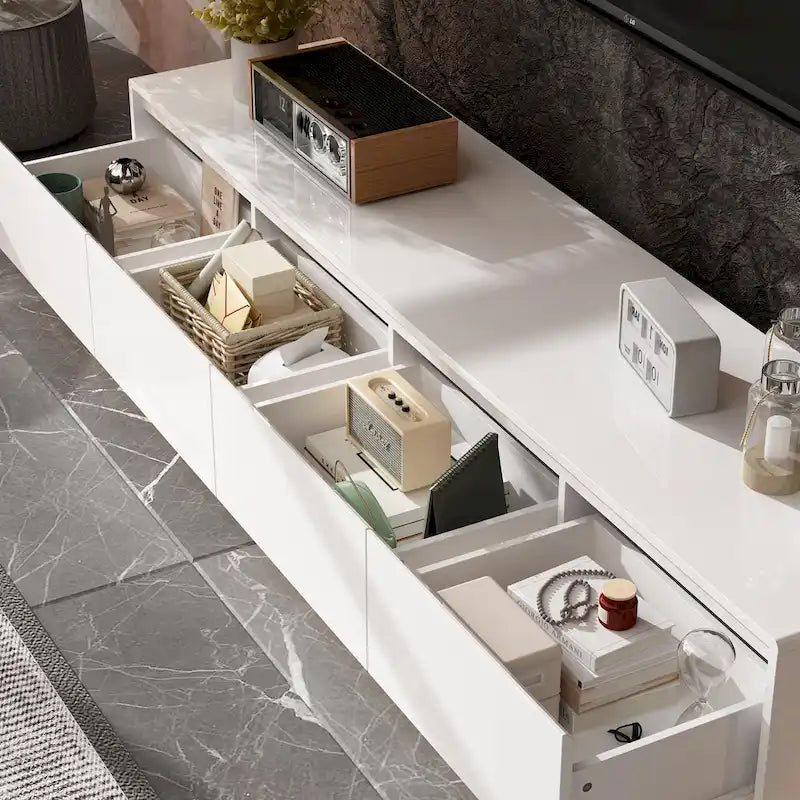 Meuble TV console lumineux blanc laqué brillant
