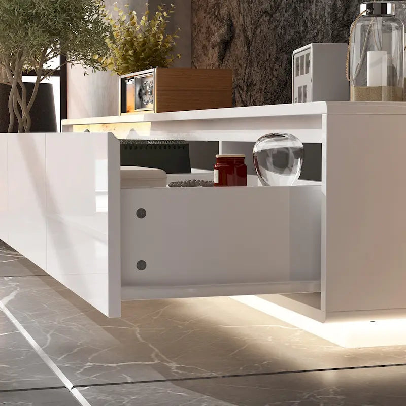 Meuble TV console lumineux blanc laqué brillant