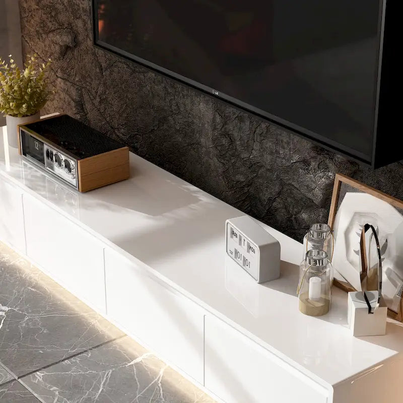 Meuble TV console lumineux blanc laqué brillant