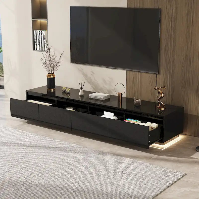 Meuble TV console lumineux blanc laqué brillant