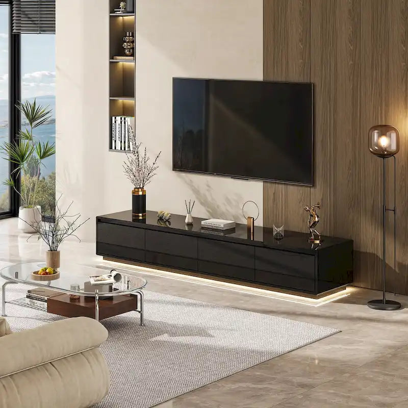 Meuble TV console lumineux blanc laqué brillant
