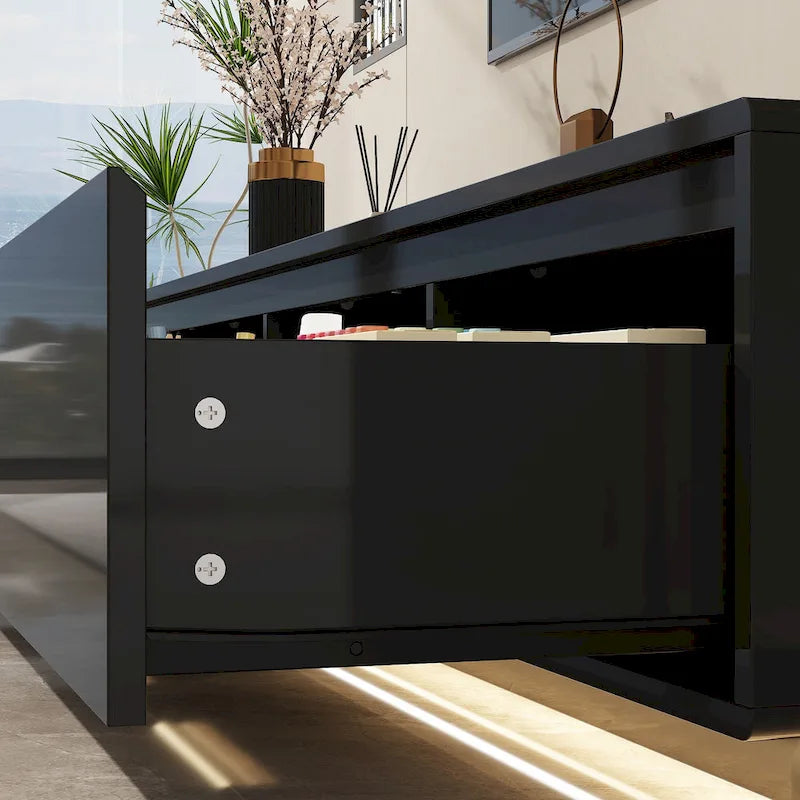 Meuble TV console lumineux blanc laqué brillant
