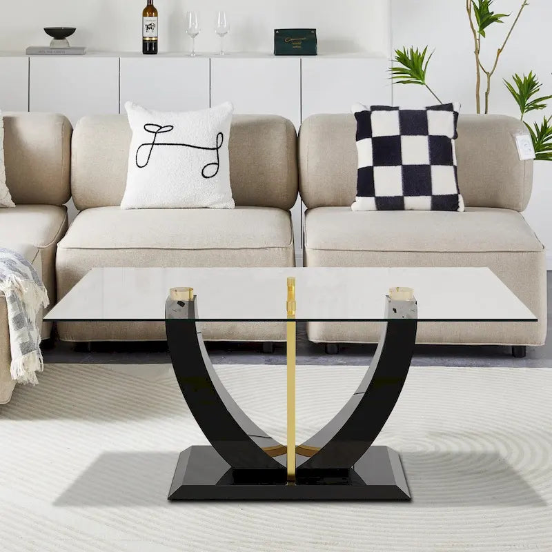 Table basse rectangulaire moderne et élégante avec plateau en verre et base en bois