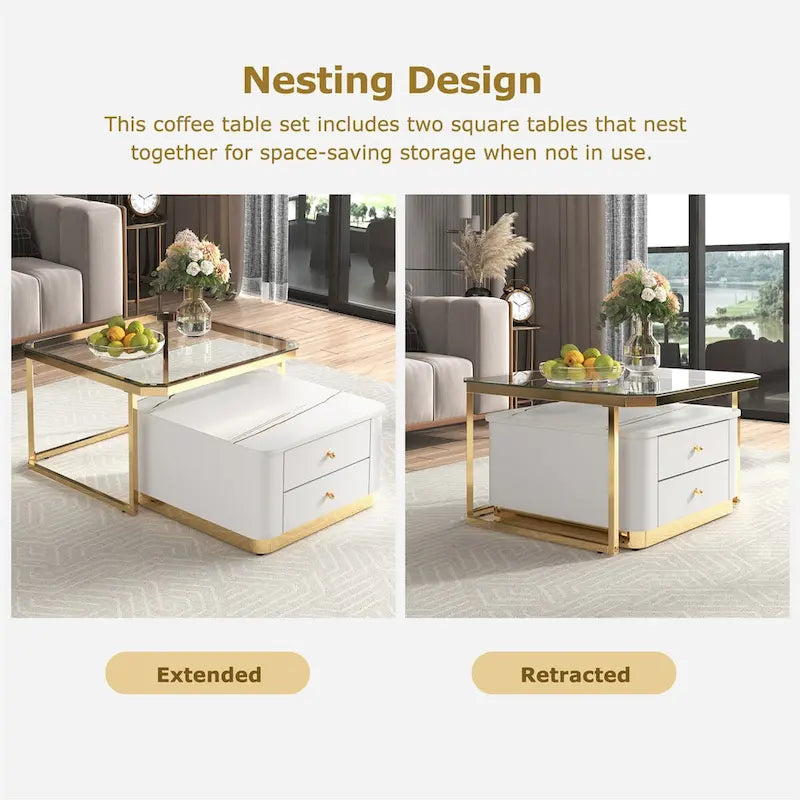 Table basse gigogne carrée moderne avec 2 tiroirs (lot de 2) Harper&Bright Designs