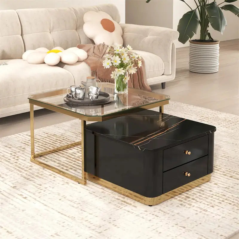 Table basse gigogne carrée moderne avec 2 tiroirs (lot de 2) Harper&Bright Designs