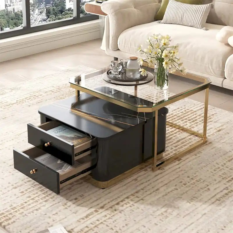 Table basse gigogne carrée moderne avec 2 tiroirs (lot de 2) Harper&Bright Designs