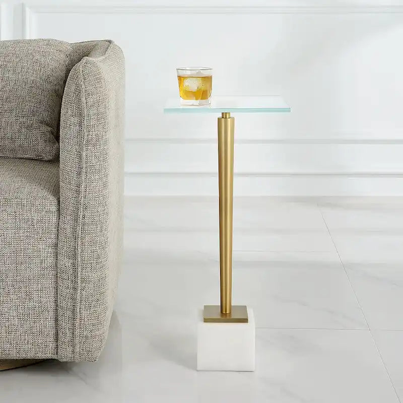 Table d'appoint Porch & Den en verre et fer doré avec base en marbre massif