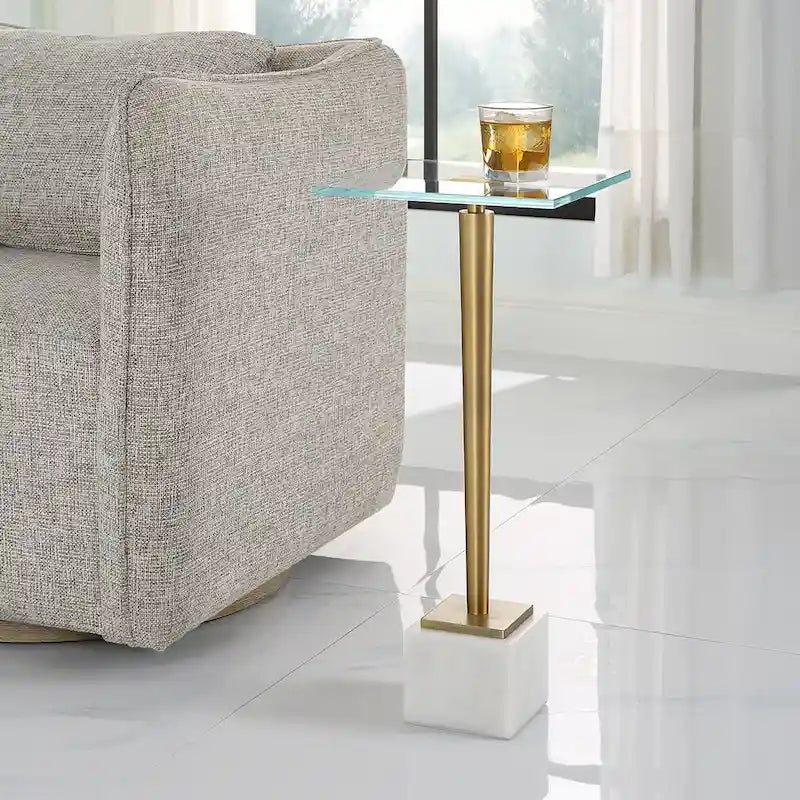 Table d'appoint Porch & Den en verre et fer doré avec base en marbre massif