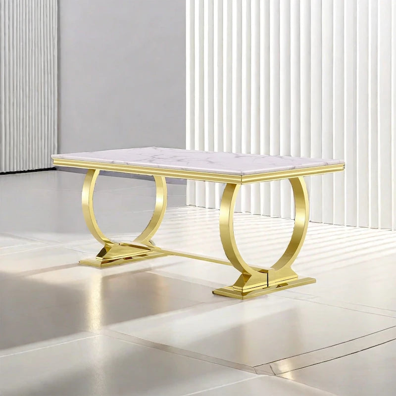 Table de salle à manger plateau verre, blanc et or brossé, 6 à 8 places